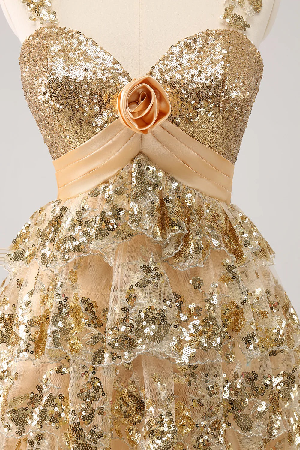 HEULORIA Sparkling Gold Tiered Sequin Mini Dress with Sweetheart Neckline and Rosette Detail ED-594