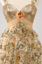 HEULORIA Sparkling Gold Tiered Sequin Mini Dress with Sweetheart Neckline and Rosette Detail ED-594
