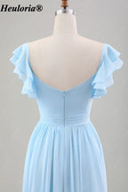 HEULORIA Sky Blue Flutter Sleeve Bridesmaid Dress with Ruffle Hem ED-542