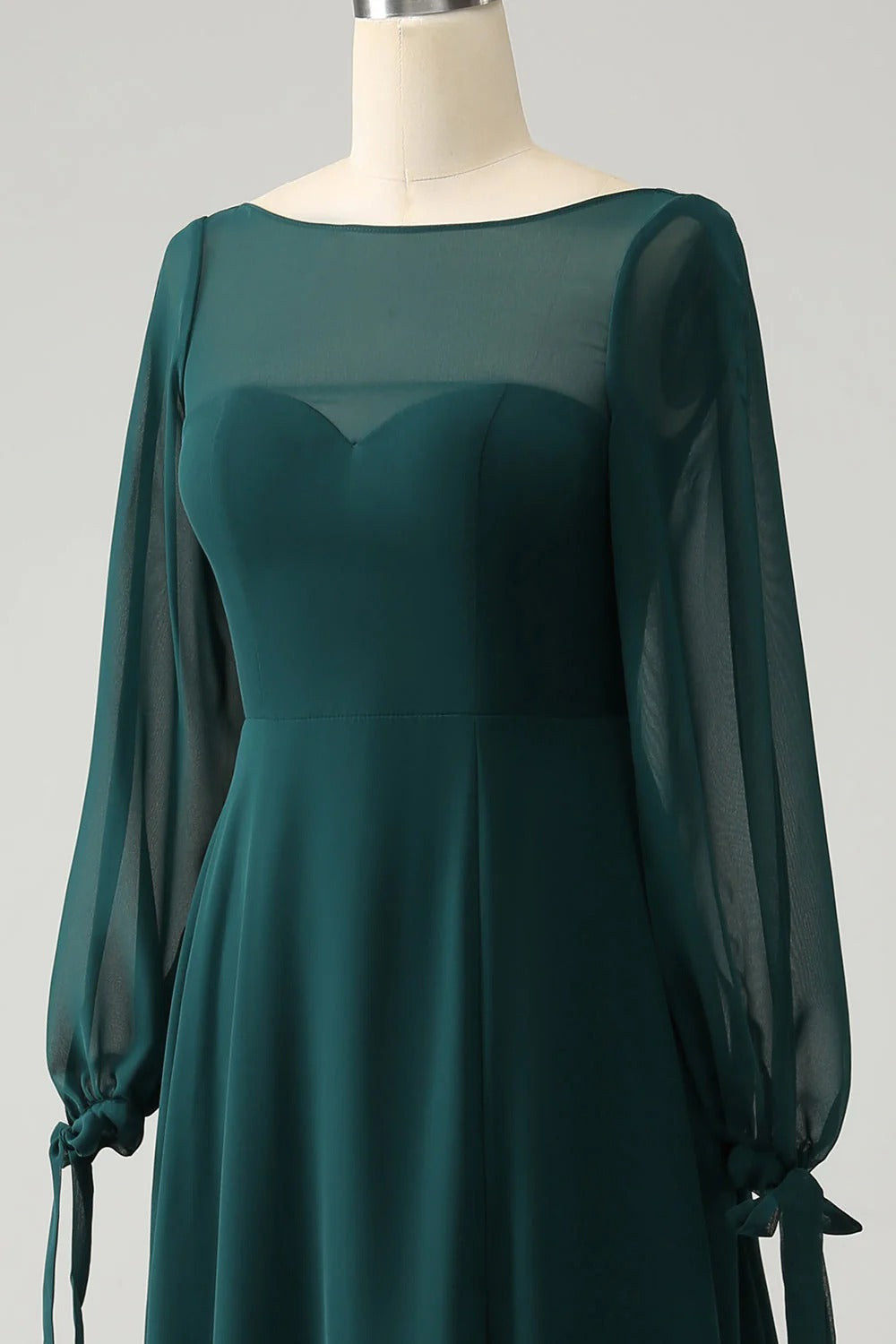HEULORIA Dark Green Illusion Bateau Neck Evening Dress with Sheer Tie-Cuff Bishop Sleeves ED-255