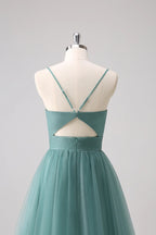 HEULORIA Eucalyptus Green Sweetheart Tulle Bridesmaid Dress with Cutout Back and Spaghetti Straps ED-247