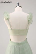 HEULORIA Romantic Dusty Sage Tiered Tulle V-Neck Prom Dress with Floral Ruffled Straps ED-561
