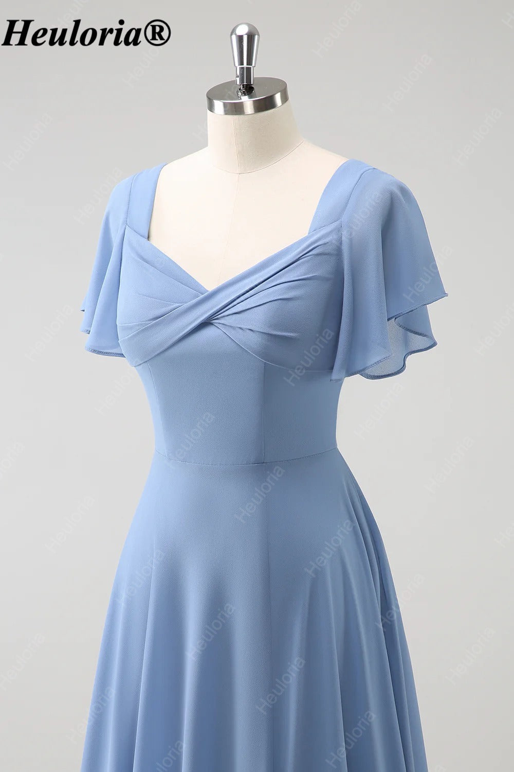 heuloria Dusty Blue Flutter Sleeve Bridesmaid Dress with Bow Back ed-528