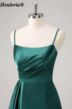 HEULORIA Dark Green Spaghetti Strap Ruched Satin A-Line Bridesmaid Dress ED-260
