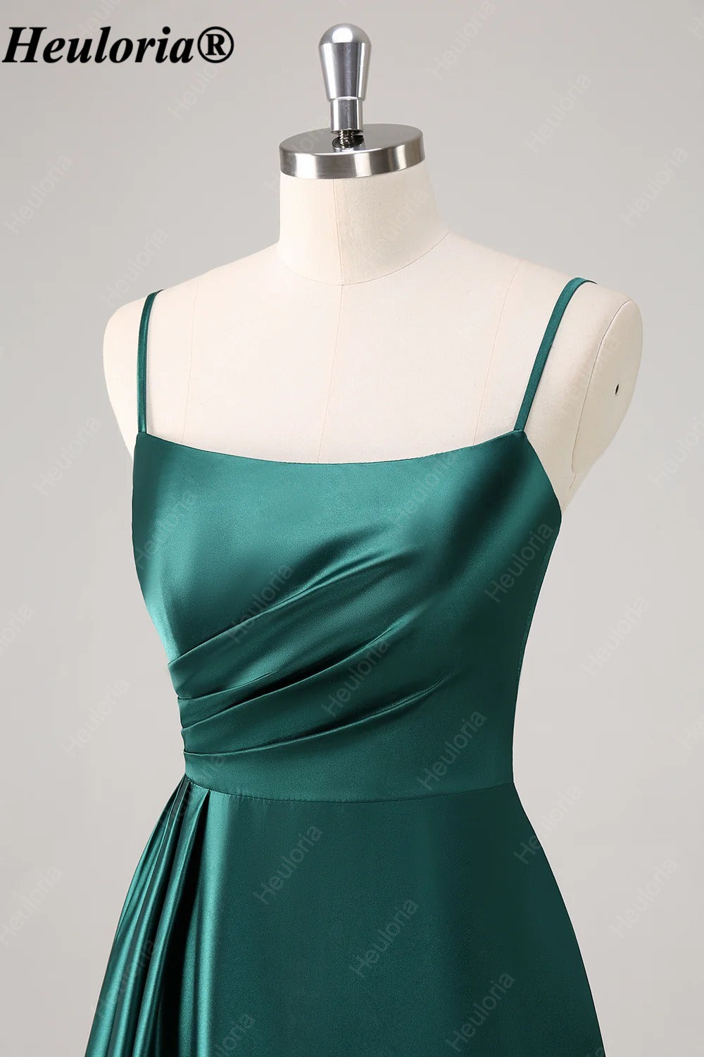 HEULORIA Dark Green Spaghetti Strap Ruched Satin A-Line Bridesmaid Dress ED-260