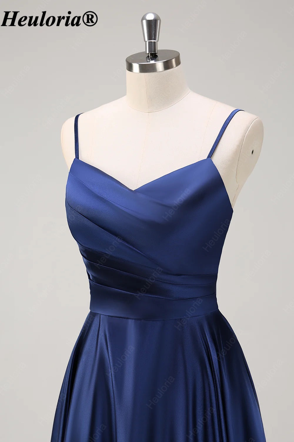 HEULORIA Navy Satin Midi Bridesmaid Dress with Pleated Bodice ED-529