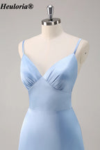 heuloria Sky Blue V-Neck Satin Bridesmaid Dress with Tiered Skirt ed-547