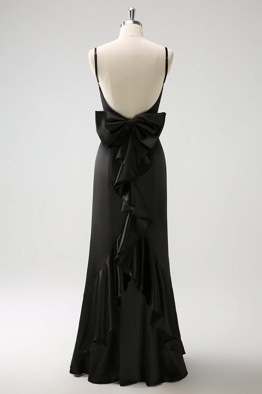 HEULORIA Elegant Satin Mermaid Evening Gown - Square Neck Spaghetti Strap with Oversized Bow & Cascading Ruffles ED-264