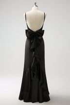 HEULORIA Elegant Satin Mermaid Evening Gown - Square Neck Spaghetti Strap with Oversized Bow & Cascading Ruffles ED-264