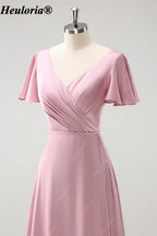 heuloria Pink V-Neck chiffon Bridesmaid Dress with Flutter Sleeves and Ruffle Hem ed-527