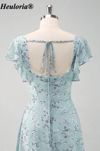 heuloria-Grey Green Floral Square Neck Flutter Sleeve Bridesmaid Dress-ed-558