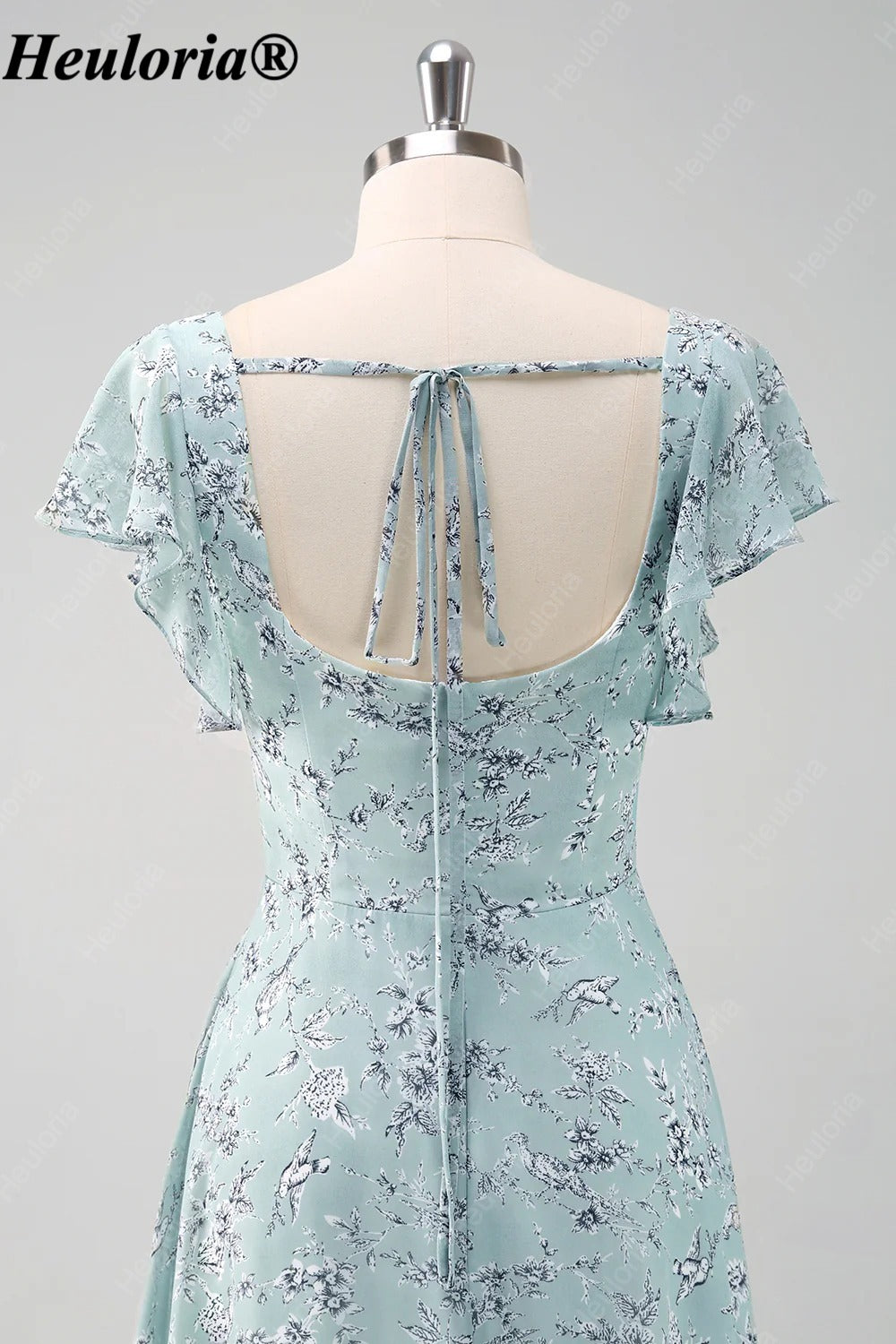 heuloria-Grey Green Floral Square Neck Flutter Sleeve Bridesmaid Dress-ed-558