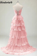 HEULORIA Strapless Sweetheart Floral Tiered Tulle Prom Dress ED-573
