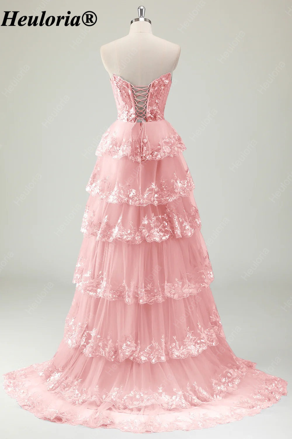 HEULORIA Strapless Sweetheart Floral Tiered Tulle Prom Dress ED-573