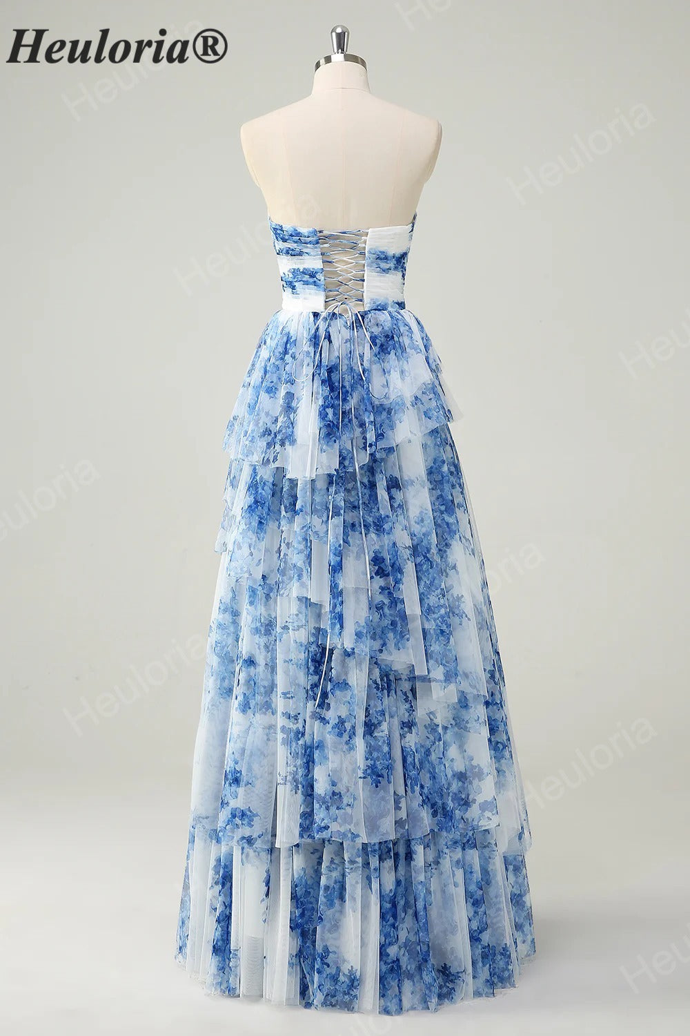 Heuloria Enchanted Garden Watercolor Floral Strapless Tiered Tulle Ball Gown with Velvet Bows ED-657