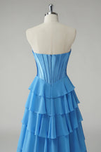 HEULORIA Strapless Corset Bodice Tiered Ruffle Evening Gown - Multi-Color prom dress ED-236