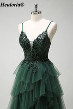 HEULORIA Dark Green Sequin Lace Tiered Tulle Prom Dress ED-576