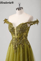 HEULORIA Olive Green Off-Shoulder Sequin Lace Tulle Prom Dress ED-574