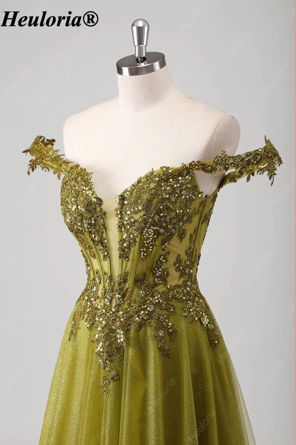 HEULORIA Olive Green Off-Shoulder Sequin Lace Tulle Prom Dress ED-574
