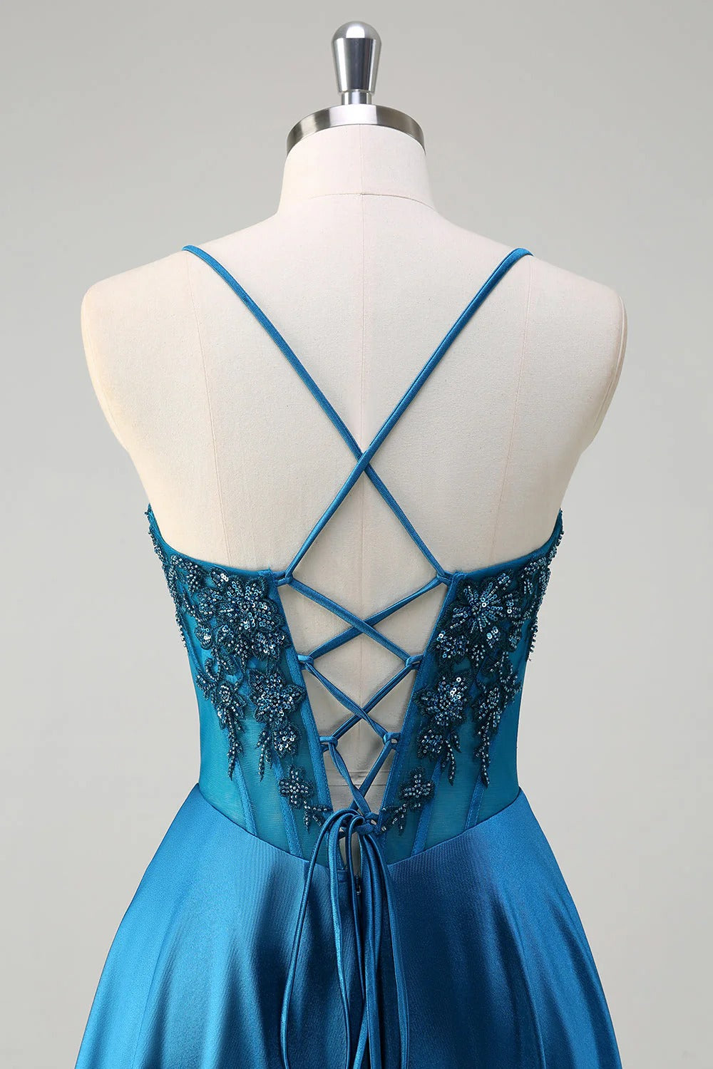 HEULORIA Luxurious Peacock Blue Beaded Evening Gown: Illusion Corset Bodice A-Line Satin Prom Dress with Lace-up Back ED-370
