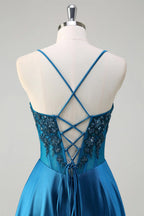HEULORIA Luxurious Peacock Blue Beaded Evening Gown: Illusion Corset Bodice A-Line Satin Prom Dress with Lace-up Back ED-370