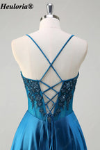 HEULORIA Peacock Blue Beaded Corset Satin A-Line Prom Dress ED-370