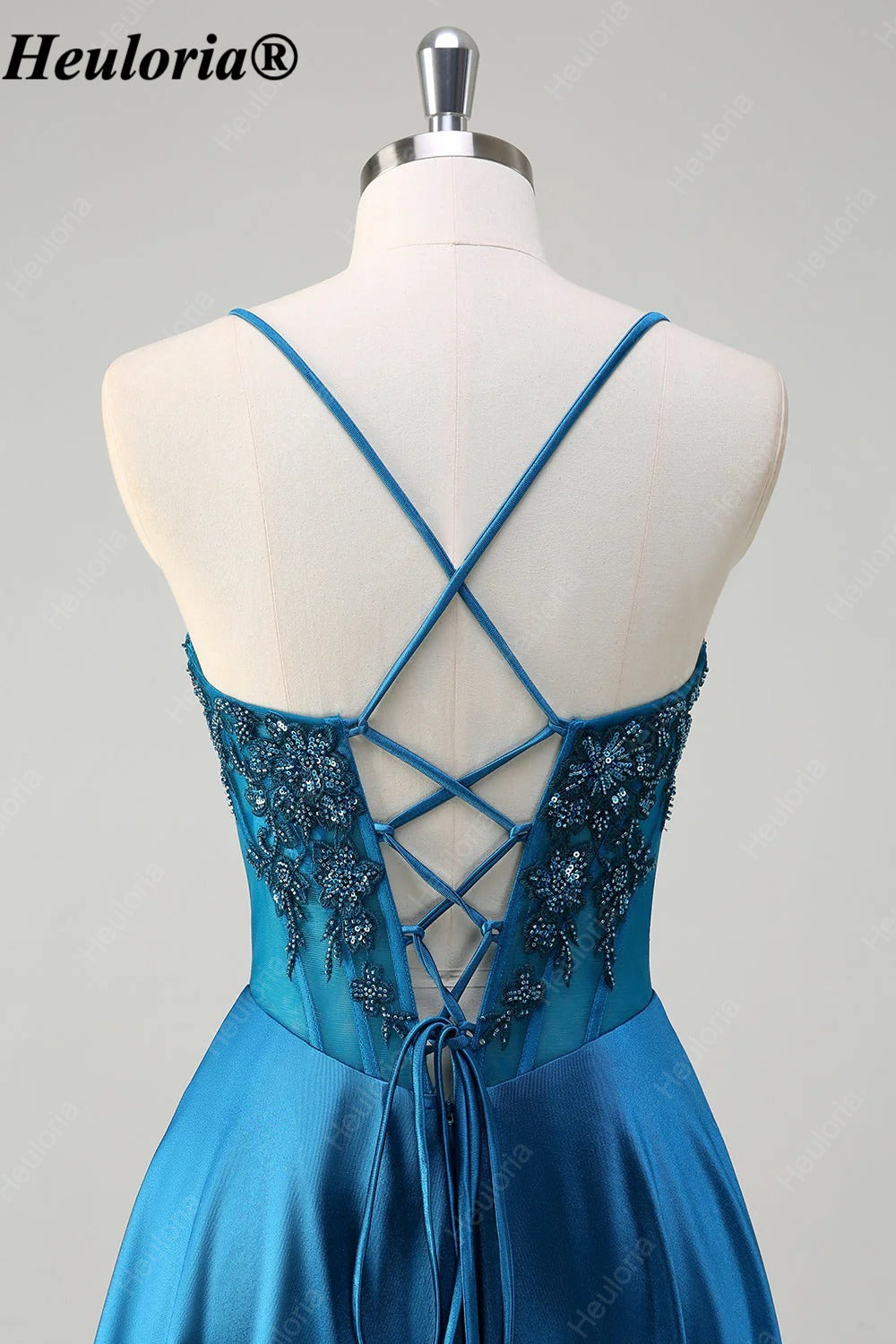 HEULORIA Peacock Blue Beaded Corset Satin A-Line Prom Dress ED-370