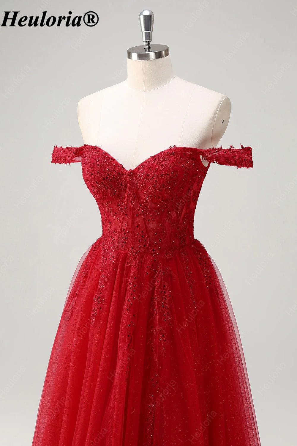 HEULORIA Red Off-the-Shoulder Lace Corset A-Line Tulle Prom Dress ED-351