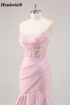 Blush Pink Strapless Lace Corset Tiered Mermaid Prom Dress with Slit ED-251
