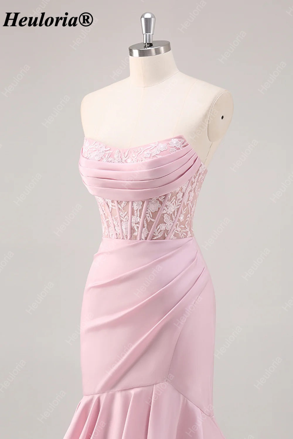 Blush Pink Strapless Lace Corset Tiered Mermaid Prom Dress with Slit ED-251
