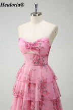 HEULORIA Blush Floral Strapless Tiered A-Line Prom Dress with Rosette ED-347