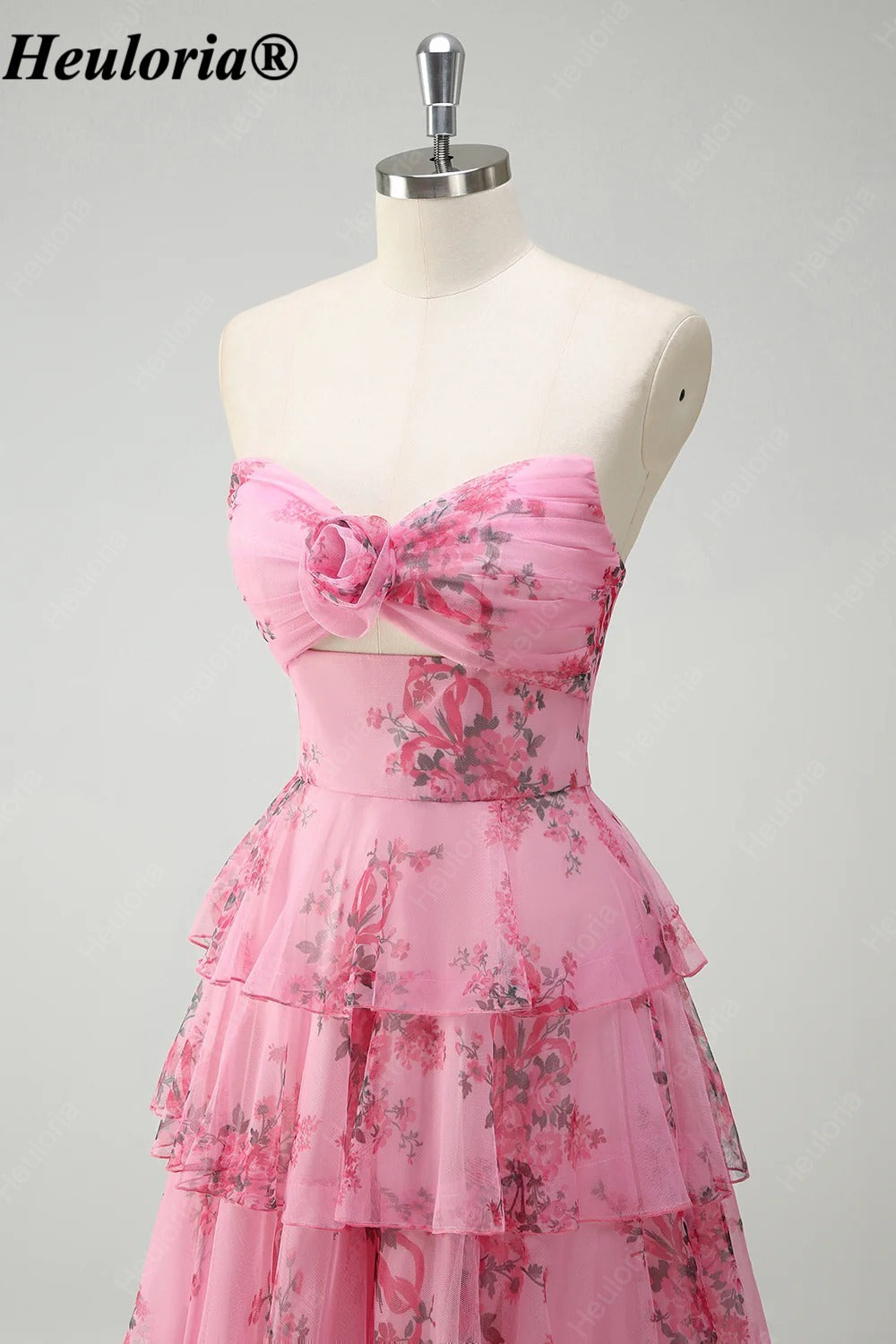 HEULORIA Blush Floral Strapless Tiered A-Line Prom Dress with Rosette ED-347