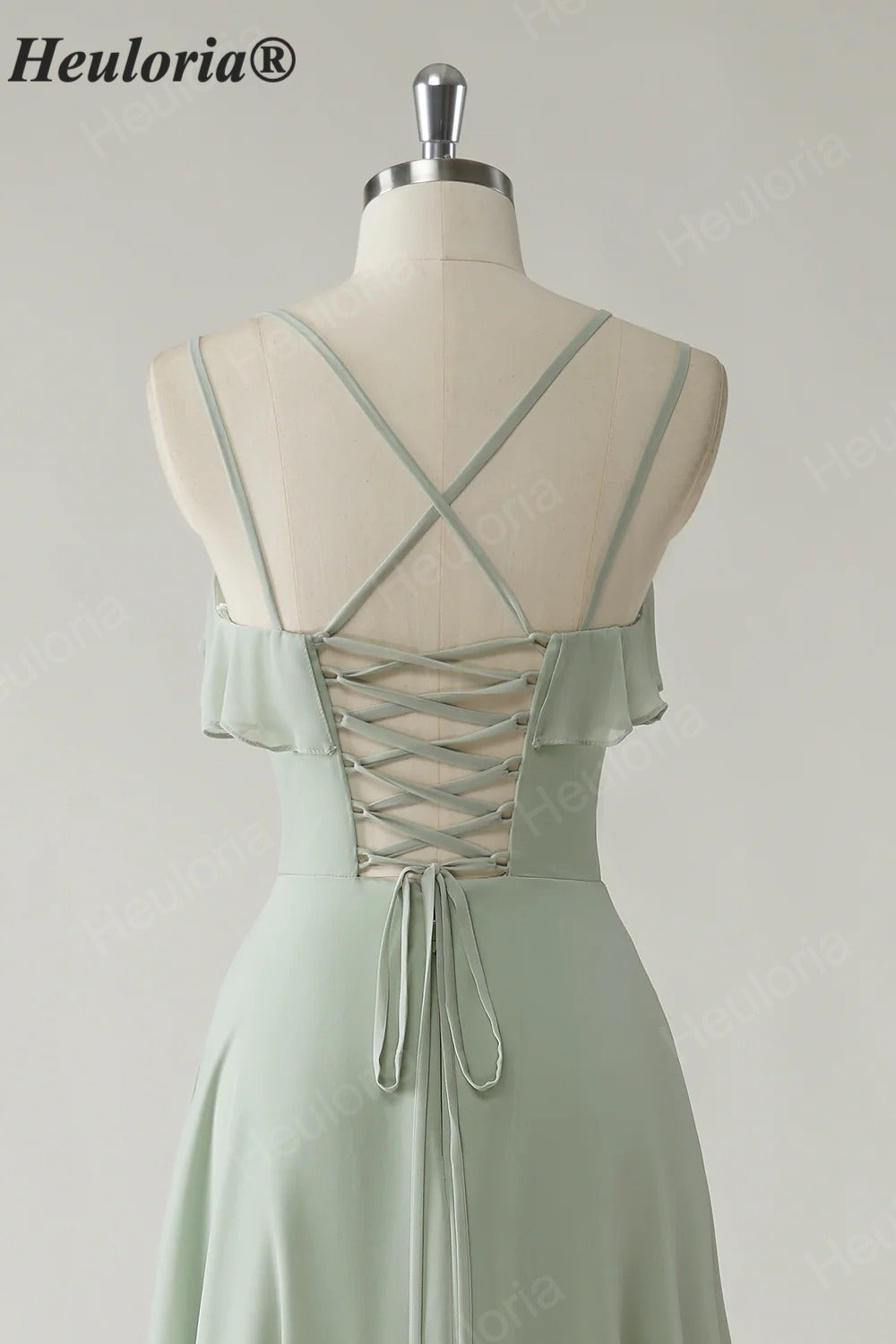 Dusty Sage chiffon Prom Dress with Floral Straps & V-Neck