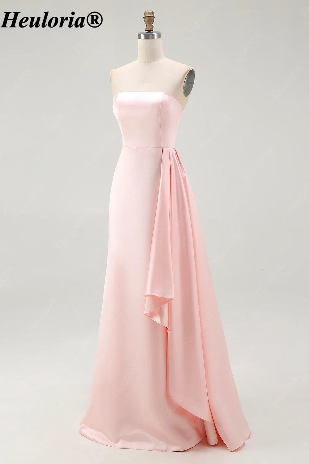HEULORIA Pink Strapless Satin A-Line Bridesmaid Dress with Side Drape ED-1045