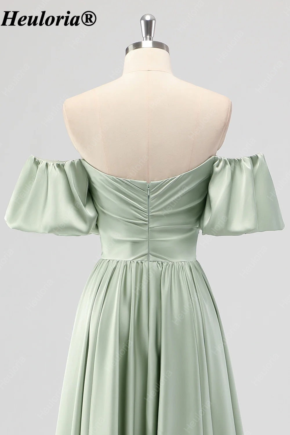HEULORIA Sage Green Off-Shoulder Satin Tea-Length Bridesmaid Dress ED-541