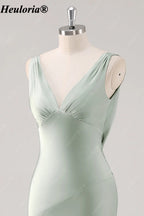 heuloria Sage Green V-Neck Satin Bridesmaid Dress with Low Cowl Back ed-526