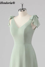 heuloria Sage Green V-Neck Bridesmaid Dress with Bow Shoulders and Slit ed-531