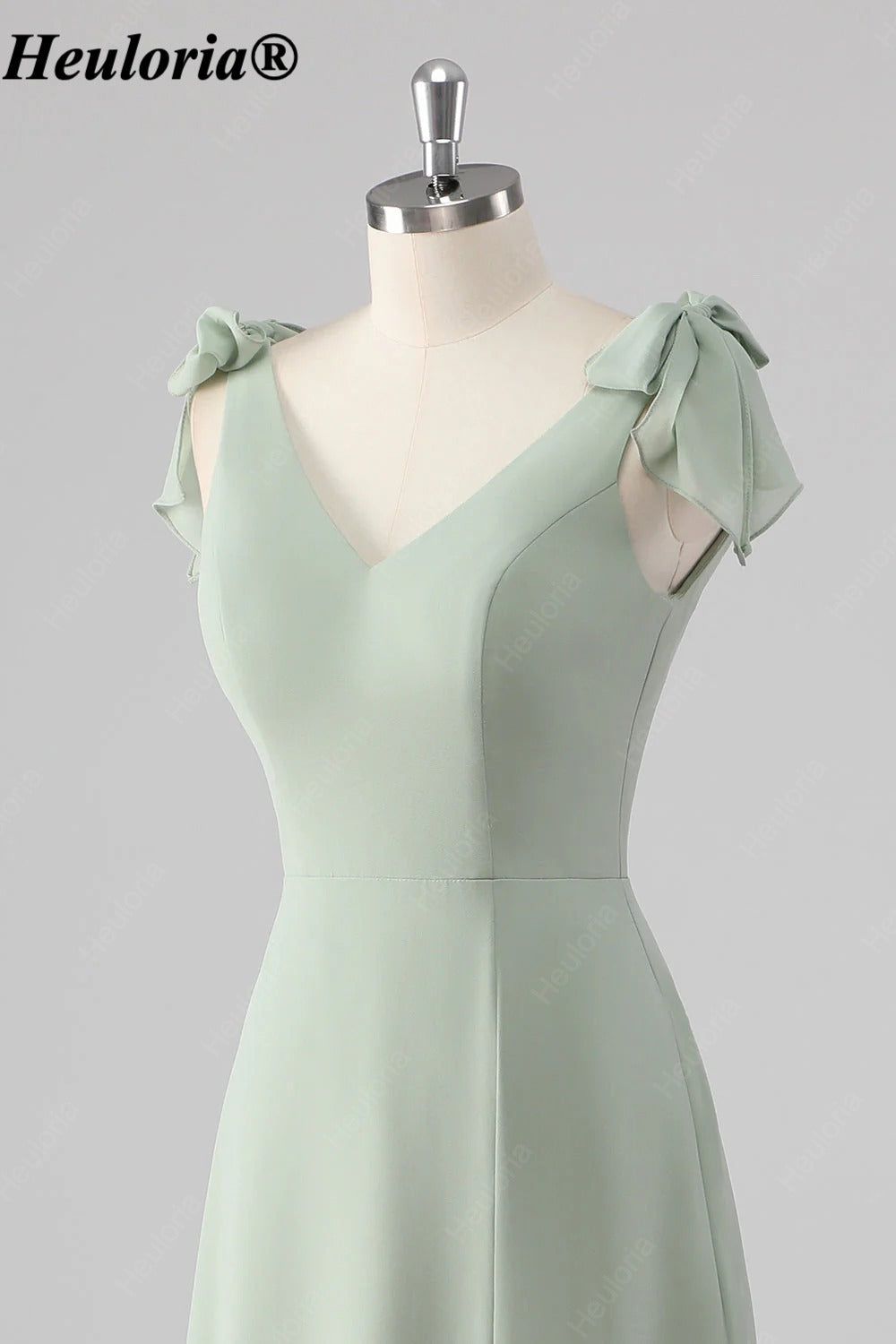 heuloria Sage Green V-Neck Bridesmaid Dress with Bow Shoulders and Slit ed-531