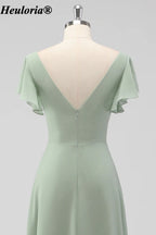heuloria Sage Green V-Neck Flutter Sleeve Bridesmaid Dress with Draped Skirt ed-530
