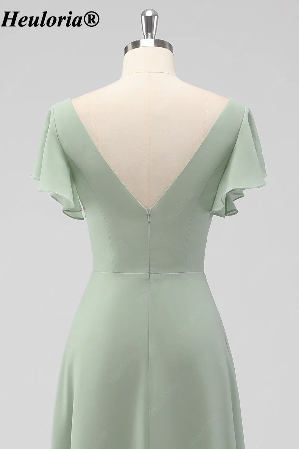 heuloria Sage Green V-Neck Flutter Sleeve Bridesmaid Dress with Draped Skirt ed-530