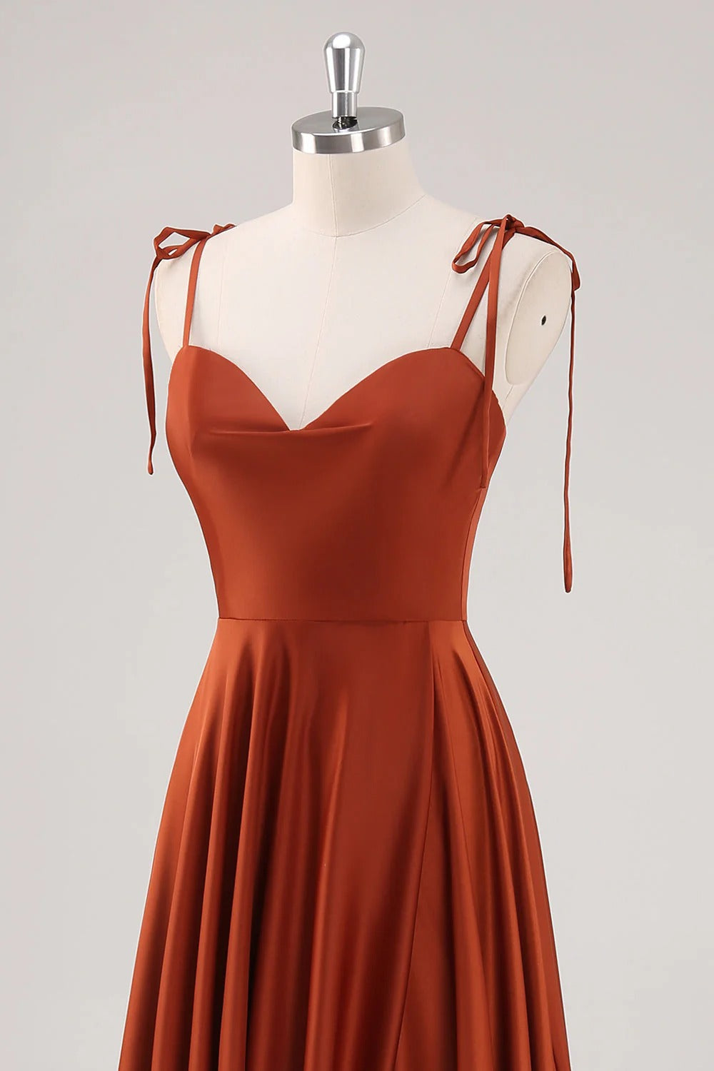 HEULORIA Rust Satin Cowl Sweetheart Maxi Dress with Tie-Shoulder Straps and Side Slit ED-249