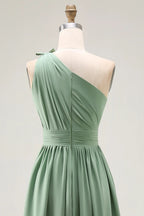 HEULORIA Sage Green One-Shoulder Pleated Chiffon Floor-Length Bridesmaid & Evening Dress ED-243