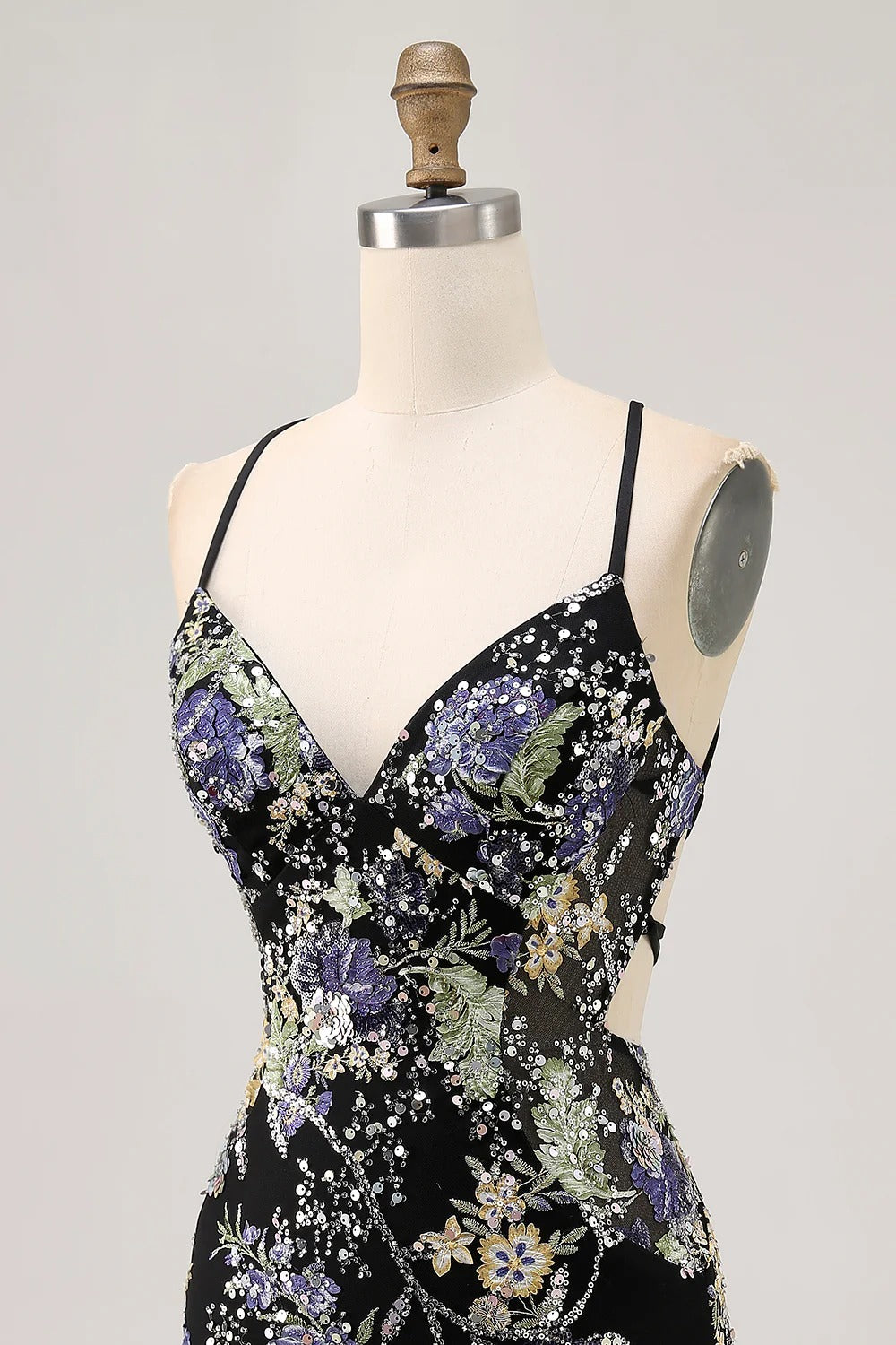 HEULORIA Floral Embroidered Sequin Bodycon Mini Dress with Sheer Mesh Cut-outs and Lace-Up Back ED-597