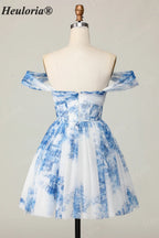 HEULORIA French Chic Blue and White Floral Tulle Mini Party Dress - Convertible Off-the-Shoulder A-Line Cocktail Gown ED-656