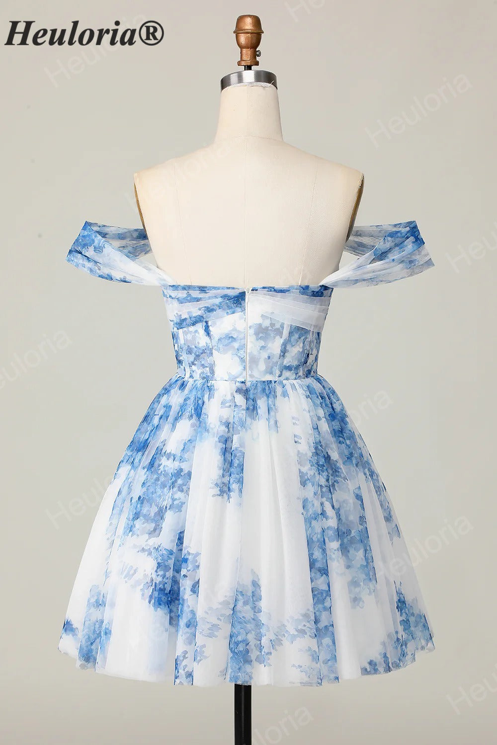 HEULORIA French Chic Blue and White Floral Tulle Mini Party Dress - Convertible Off-the-Shoulder A-Line Cocktail Gown ED-656