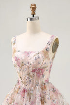 HEULORIA Sparkly Floral Embroidered Mini Homecoming Dress with Corset Bodice and Lace-up Back ED-598
