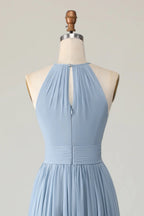 HEULORIA Dusty Blue Halter Keyhole Pleated Chiffon Bridesmaid Dress - Floor Length ED-246
