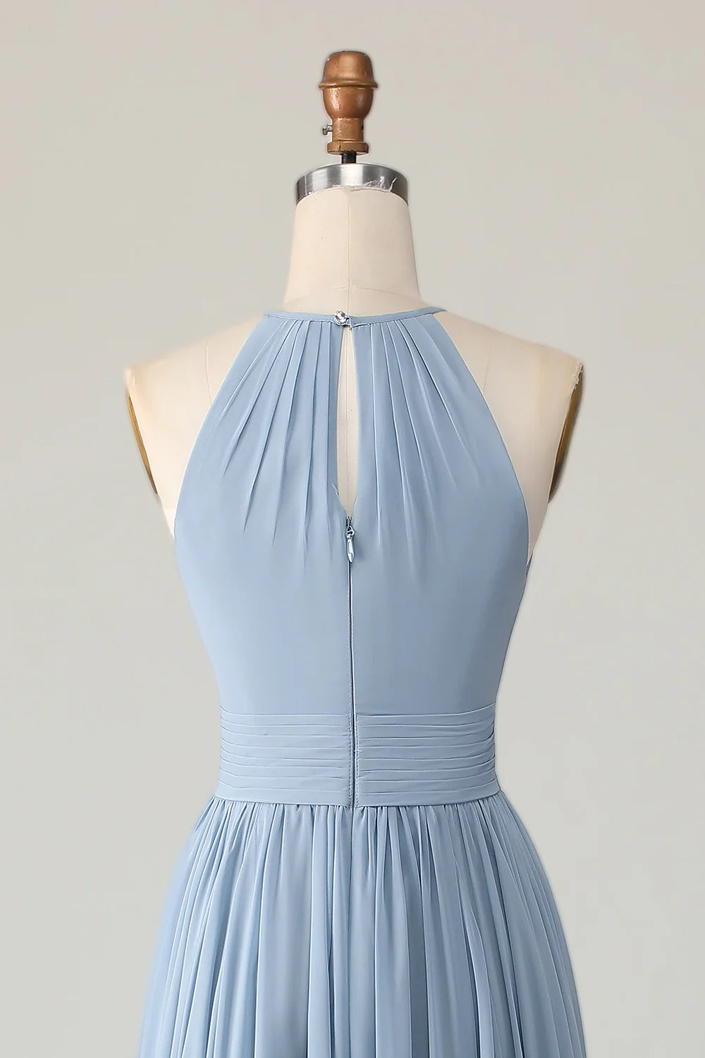 HEULORIA Dusty Blue Halter Keyhole Pleated Chiffon Bridesmaid Dress - Floor Length ED-246