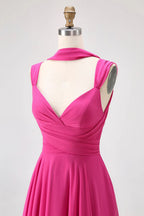 HEULORIA Fuchsia Pleated Chiffon Bridesmaid Dress with Matching Scarf & Side Slit ED-257