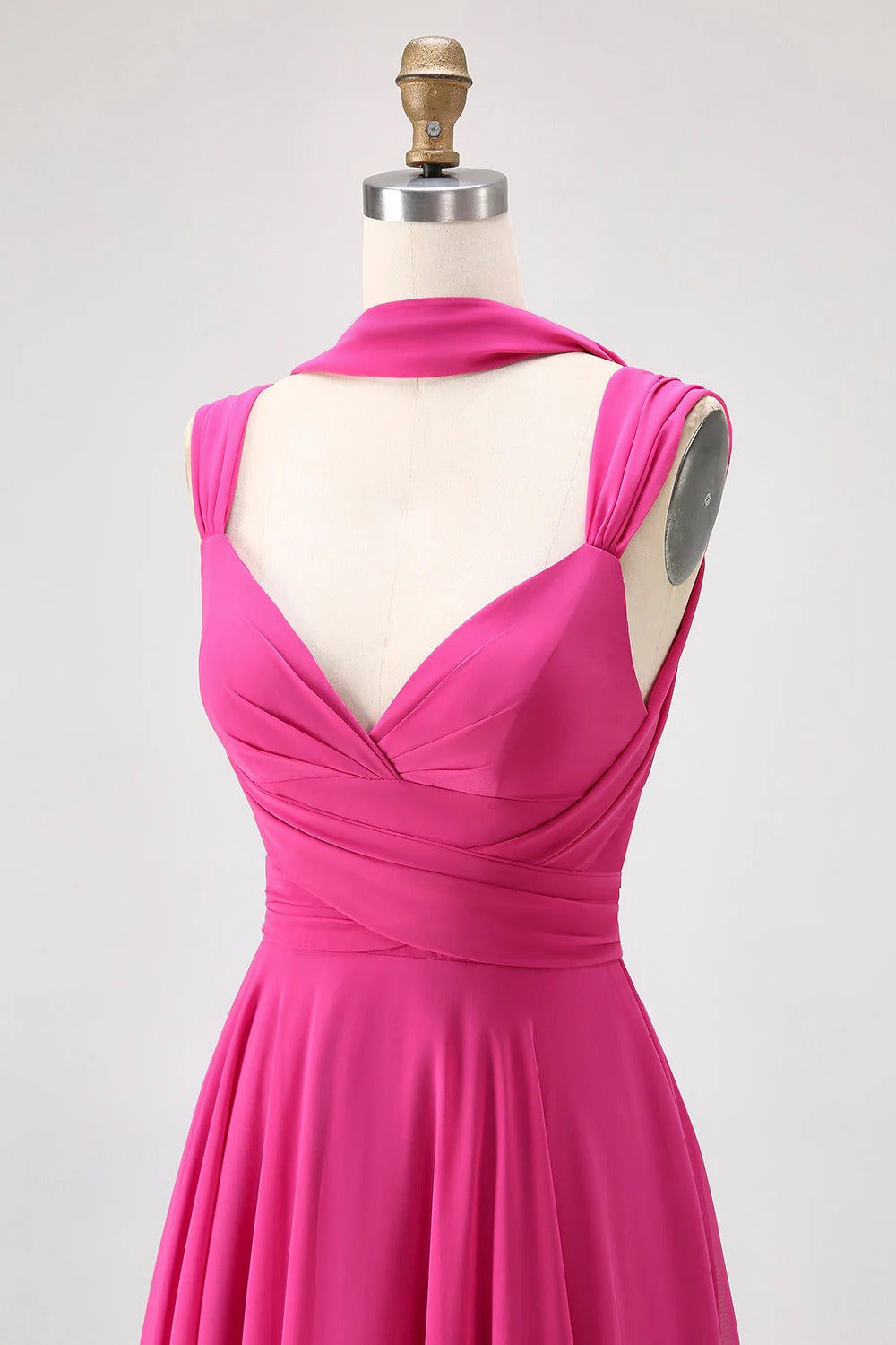 HEULORIA Fuchsia Pleated Chiffon Bridesmaid Dress with Matching Scarf & Side Slit ED-257